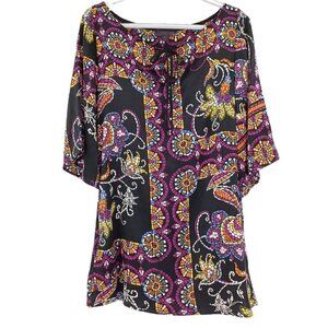 Hale Bob Black Silk Mosaic Print Tunic Top Flared Sleeve Relaxed Preppy Artsy XS
